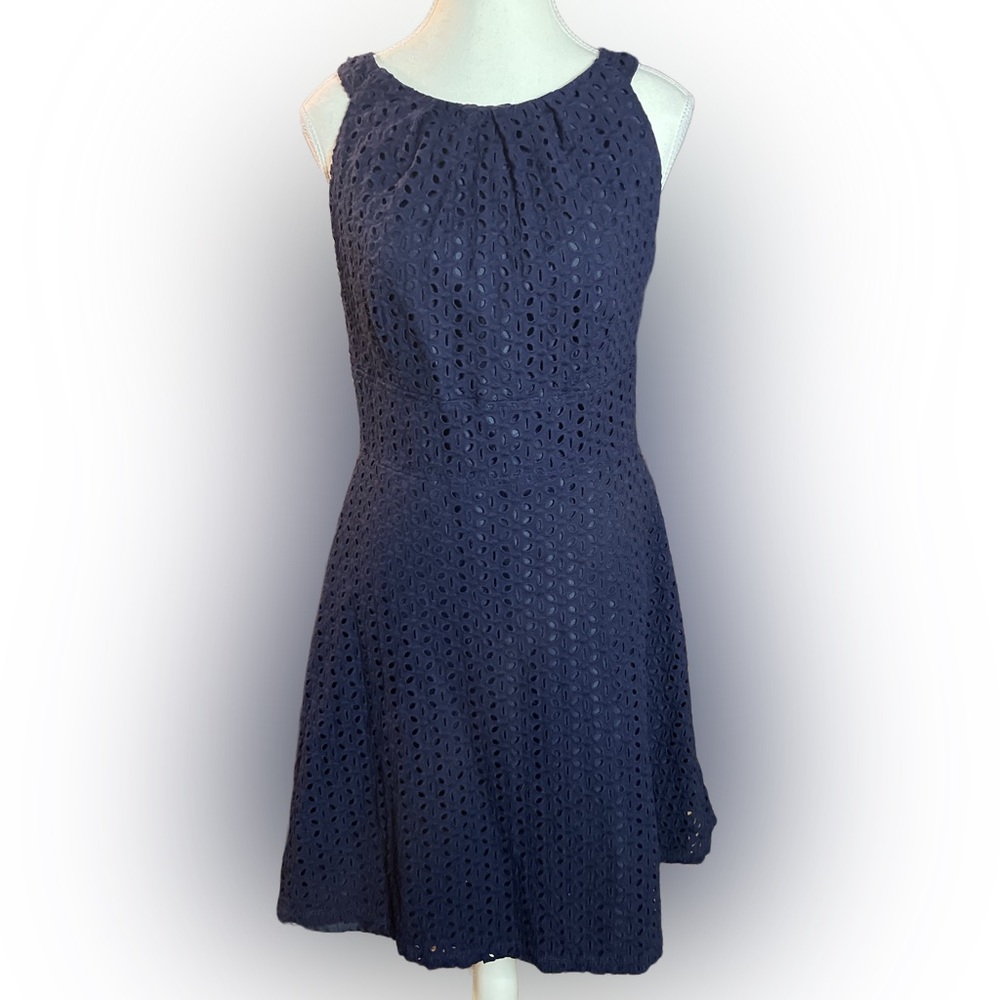New York & Co. Navy Eyelet Overlay A-Line Dress